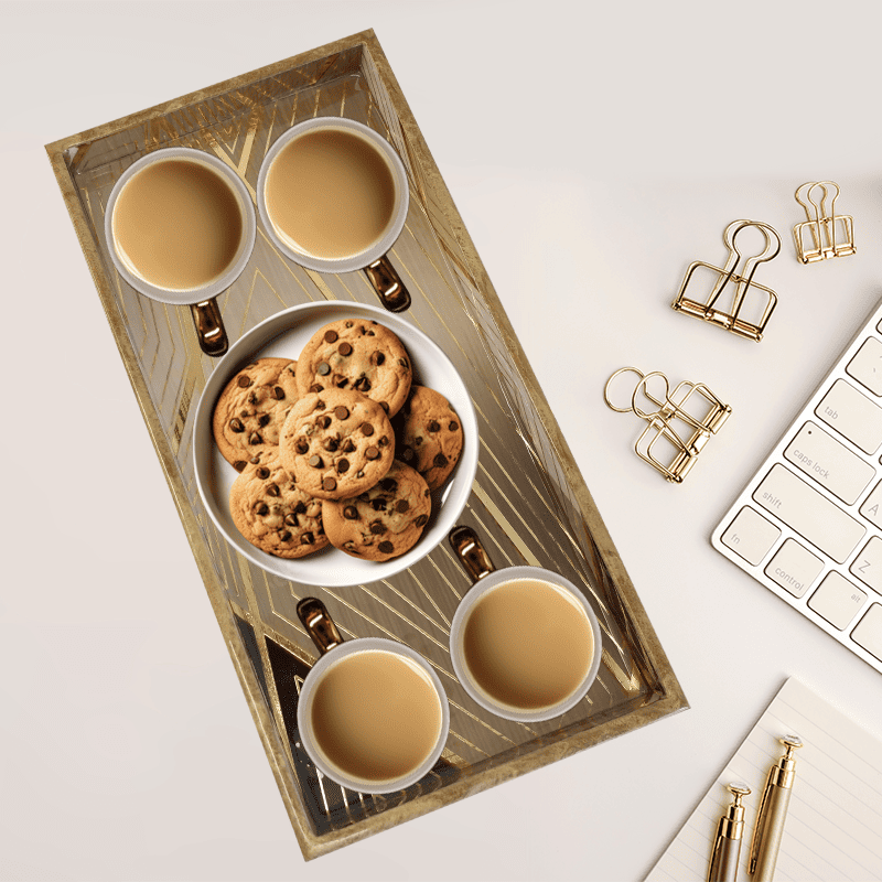 Abstract Geometrical Wooden Tray with Gold Finish